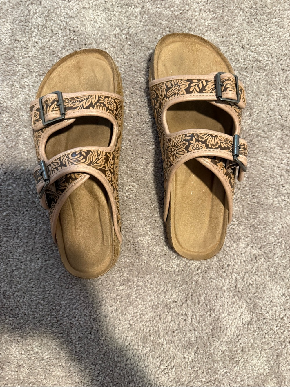Women's Floral Double-Buckle Slide Sandals - Tan